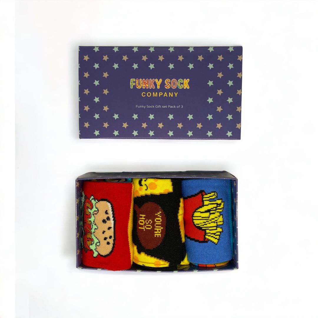 Funky ODD Sock Gift Box - Hotdogs & Burgers, Fries & Shakes and Chilli Cheese UK 5-11