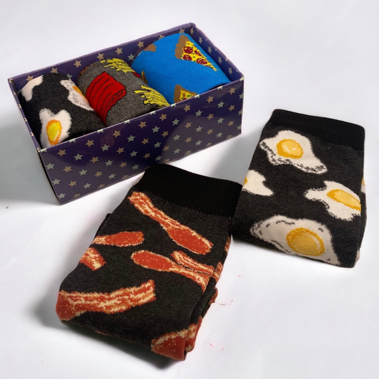 Funky ODD Sock Gift Box - Bacon & Egg, Pizza & Toppings and Burger & Fries. UK 5-11