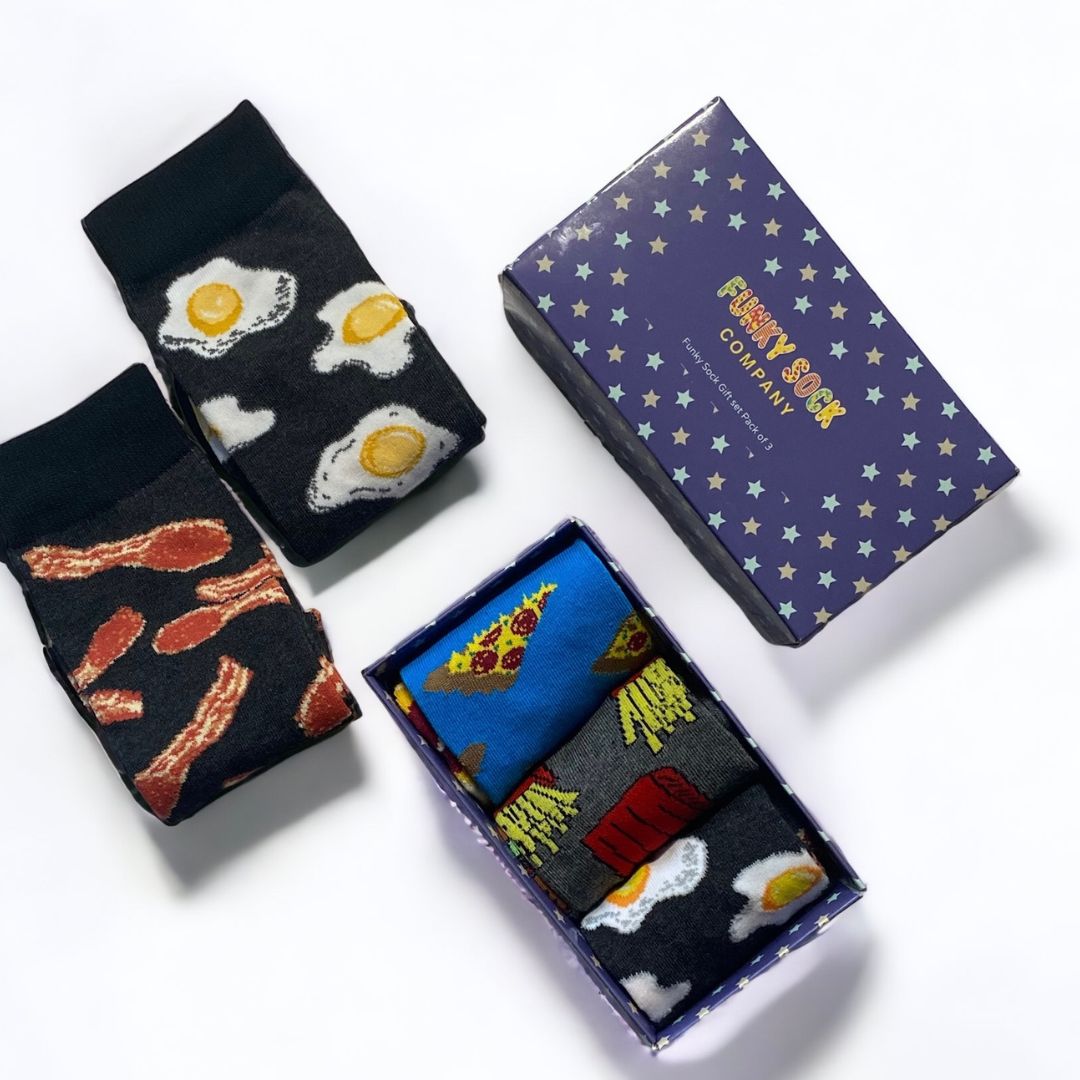 Funky ODD Sock Gift Box - Bacon & Egg, Pizza & Toppings and Burger & Fries. UK 5-11