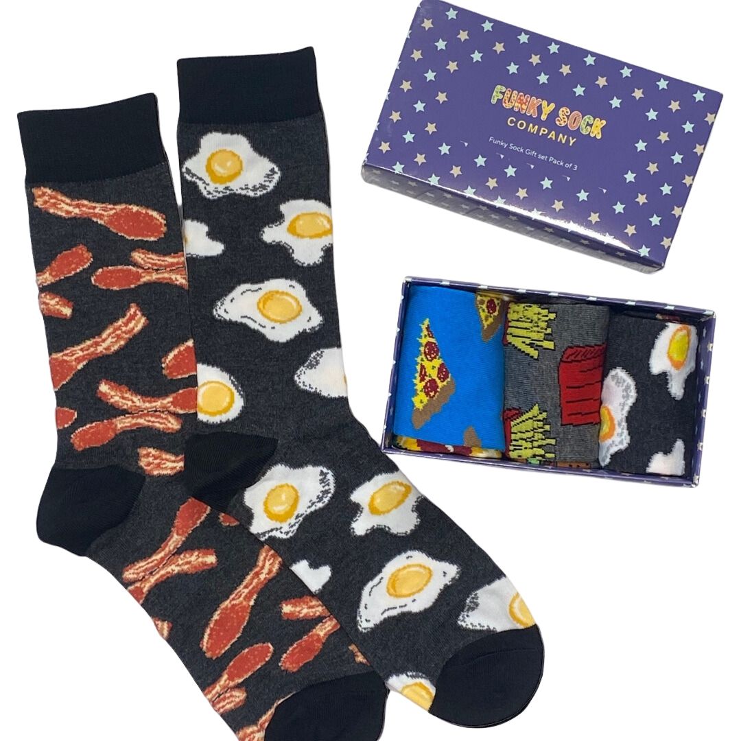 Funky ODD Sock Gift Box - Bacon & Egg, Pizza & Toppings and Burger & Fries. UK 5-11