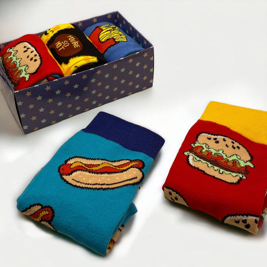 Funky ODD Sock Gift Box - Hotdogs & Burgers, Fries & Shakes and Chilli Cheese UK 5-11