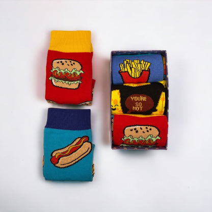 Funky ODD Sock Gift Box - Hotdogs & Burgers, Fries & Shakes and Chilli Cheese UK 5-11