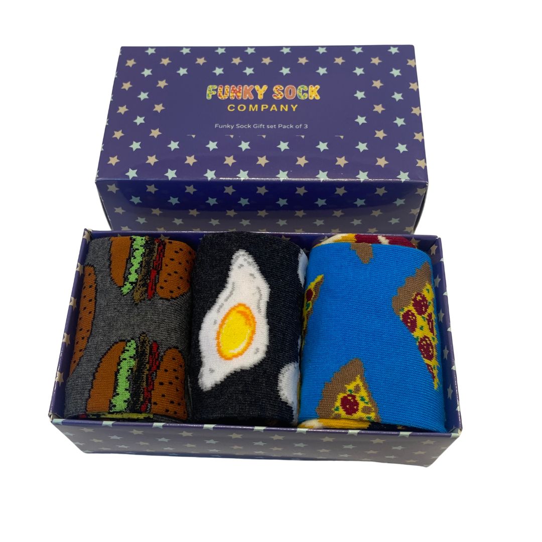 Funky ODD Sock Gift Box - Bacon & Egg, Pizza & Toppings and Burger & Fries. UK 5-11